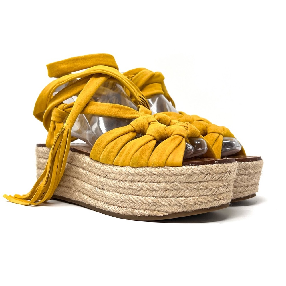 Sigerson Morrison Cosie Yellow Suede Espadrille Wrap Platform Sandals Size 6.5